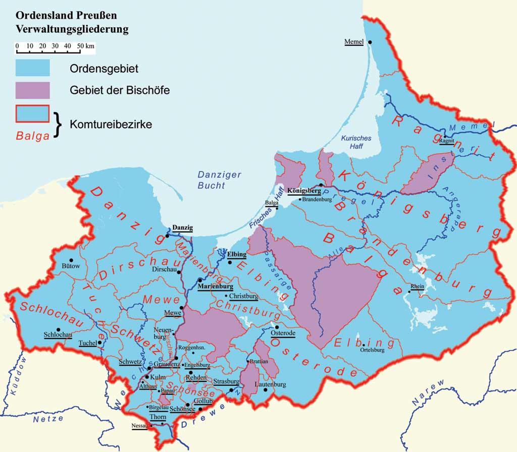 Карта земель Тевтонского ордена и епископств на территории Восточной Пруссии